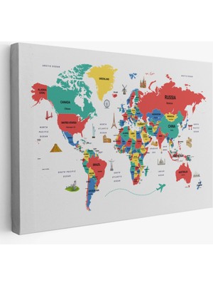 Ülke Başkent Sembollü Eğitici Ingilizce Dünya Haritası Dekoratif Kanvas Tablo, Duvar Dekoru 2315
