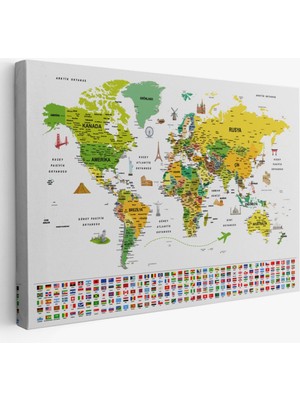 Detaylı Sembollü Bayraklı  Türkçe Dünya Haritası Dekoratif Kanvas Tablo, Duvar Dekoru 2876