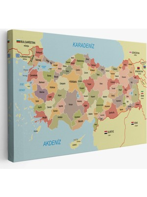 Eğitici Sınır Komşulu Türkiye Haritası, Harita Dekoratif Kanvas Tablo, Duvar Dekoru 3101