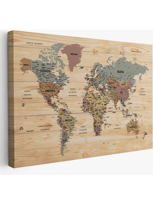 Ahşap Görünüm Detaylı Öğretici Türkçe Dünya Haritası Dekoratif Kanvas Tablo, Duvar Dekoru 2991