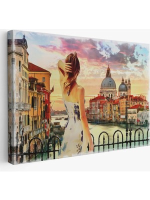 Yağlıboya Görünüm Venedikte Kanala Bakan Kız Dekoratif Kanvas Tablo, Duvar Dekoru 3590