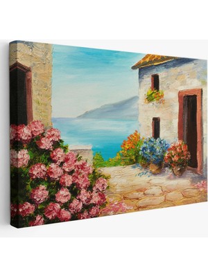 Deniz Manzaralı Ev ve Çiçekler Dekoratif Kanvas Tablo, Duvar Dekoru 3640