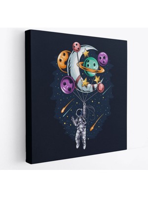 Gezegenler Ay ve Uçan Astronot Dekoratif Kanvas Tablo, Duvar Dekoru 5097