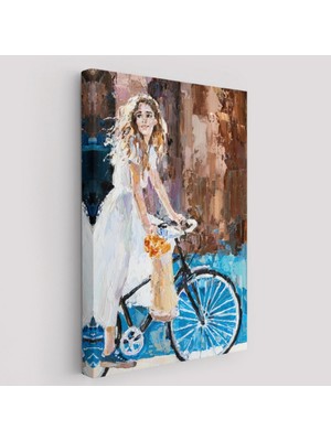 Bisikletli Beyaz Elbiseli Kız Dekoratif Kanvas Tablo, Duvar Dekoru 6007