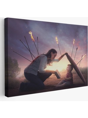 Kütüphane Posteri Bilgi Ile Çocuğunu Koruyan Anne Dekoratif Kanvas Tablo, Duvar Dekoru 5411