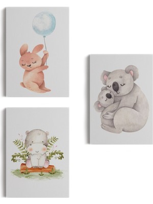 Sevimli Hayvanlar Temalı 3'lü Set Dekoratif Kanvas Tablo, Duvar Dekoru BT45