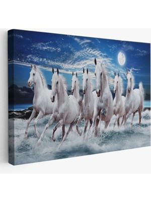 Sahil ve Koşan Beyaz Atlar Dekoratif Kanvas Tablo, Duvar Dekoru 6580