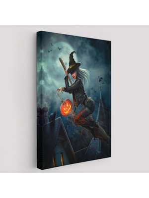 Süpürgeli Cadı ve Kabağı Cadılar Bayramı Helloven Dekoratif Kanvas Tablo, Duvar Dekoru 6175