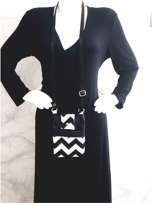 Happy Handmade -  Çapraz Ayarlanabilir Askılı Siyah Beyaz Telefon Çantası Iç Cepli