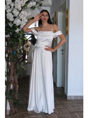 Beyaz Taş Askılı Düşük Kol Saten Abiye 0806118.15