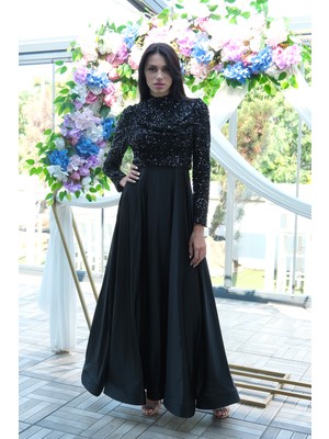 Siyah Drapeli Payet Üst Detaylı Eteği Saten Tesettür Abiye 6502504.01