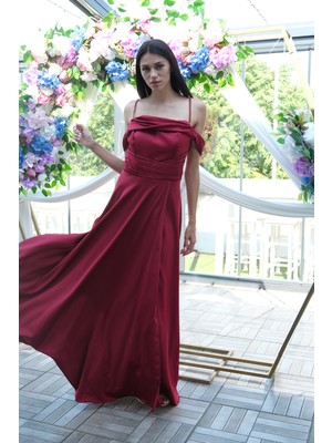 Bordo Taş Askılı Düşük Kol Saten Abiye 0806118.04