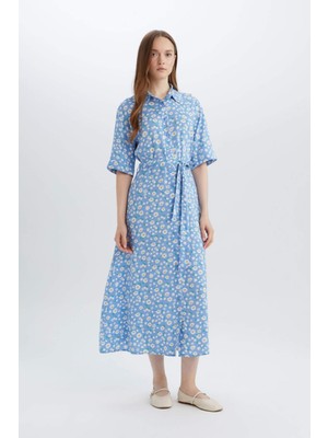 DeFacto A Kesim Gömlek Yaka Çiçek Desenli Kısa Kollu Midi Elbise D4575AX25SP