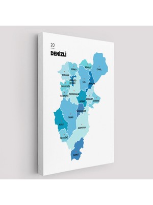 SONIKON LINE Il ve Ilçeler Haritası Denizli, Modern Dekoratif Kanvas Tablo, Duvar Dekoru 1320