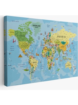SONIKON LINE Detaylı Ingilizce Dünya Haritası, Harita Dekoratif Kanvas Tablo, Duvar Dekoru 1992