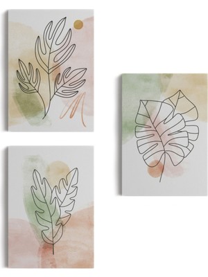 SONIKON LINE Suluboya Bitki Temalı 3'lü Set Dekoratif Kanvas Tablo, Duvar Dekoru BD29