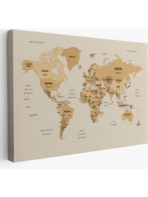 SONIKON LINE Detaylı Ülke Başkentli Eğitici Türkçe Dünya Haritası Dekoratif Kanvas Tablo, Duvar Dekoru 2618