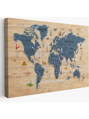 SONIKON LINE Ahşap Görünüm Sembollü  Ingilizce Dünya Haritası Dekoratif Kanvas Tablo, Duvar Dekoru 2912