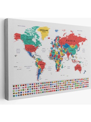 SONIKON LINE Detaylı Ülke Bayraklı Öğretici Ingilizce Dünya Haritası Dekoratif Kanvas Tablo, Duvar Dekoru 2794