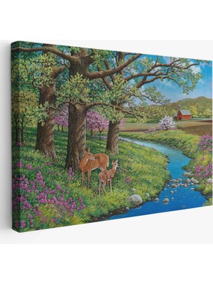 SONIKON LINE Akarsu ve Ceylan ile Yavrusu Dekoratif Kanvas Tablo, Duvar Dekoru 6535