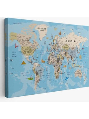 SONIKON LINE Detaylı Ingilizce Dünya Haritası, Harita Dekoratif Kanvas Tablo, Duvar Dekoru 2007