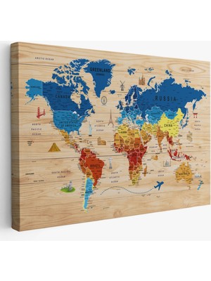 SONIKON LINE Ahşap Görünüm Sembollü  Ingilizce Dünya Haritası Dekoratif Kanvas Tablo, Duvar Dekoru 2892