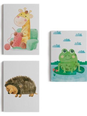 Sevimli Hayvanlar Temalı 3'lü Set Dekoratif Kanvas Tablo, Duvar Dekoru BL37