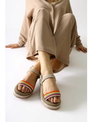 Velika Krem - Çok Renkli Kalın Tabanlı Halat Sandalet