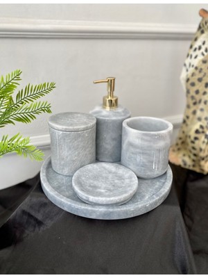 Mermer Banyo Seti Gri, Sabunluk, Diş Fırçalık, 5'li Takım