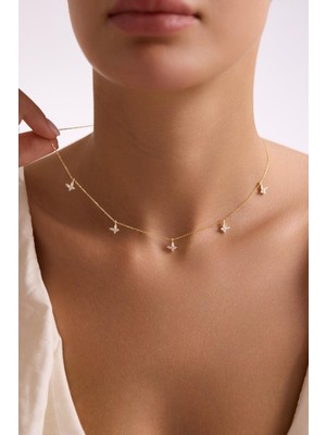 925 Ayar Gümüş Gold Kaplama Beyaz Taşlı Şans Kelebek Kolye