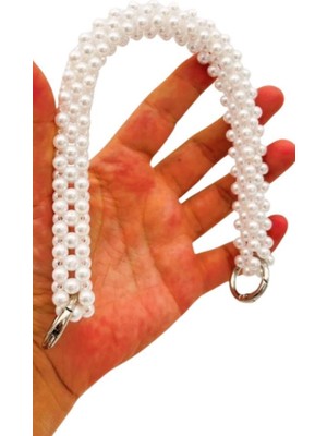 Angel Çanta Aksesuar 31 cm Beyaz Boncuklu Kare Model Çanta Sapı Yaylı Halkalı