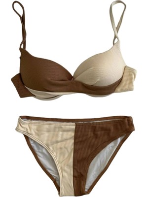 Kadın Kahverengi Krem Renk Bloklu Astarlı Bikini Takımı HZL25S-LC214