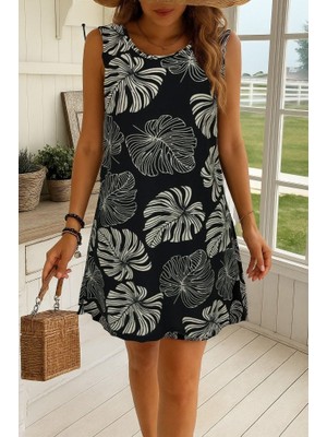 Kadın Sıfır Kollu Yuvarlak Yaka Desenli Süprem Elbise