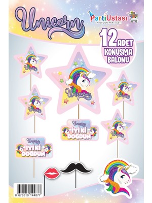 Teknotrust Pembe Unicorn Konuşma Balonu 12 Adet, Partioyunevi, Renkli ve Eğlenceli Süsleme Seti