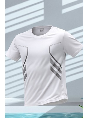 Erkek Spor Tişört Antreman Gym Polyester Erkek Sporcu t-Shirt Şeritli-Tişört