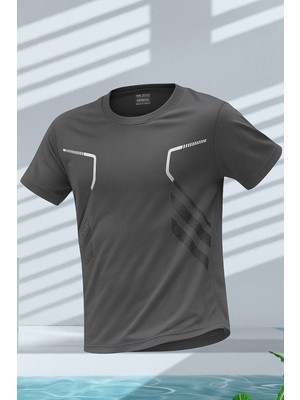 Erkek Spor Tişört Antreman Gym Polyester Erkek Sporcu t-Shirt Şeritli-Tişört