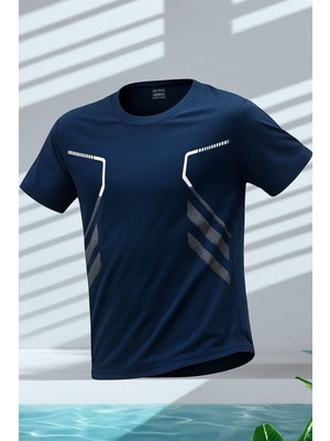 Erkek Spor Tişört Antreman Gym Polyester Erkek Sporcu t-Shirt Şeritli-Tişört