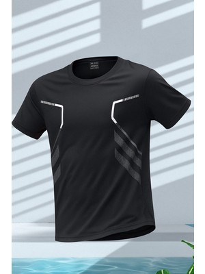 Erkek Spor Tişört Antreman Gym Polyester Erkek Sporcu t-Shirt Şeritli-Tişört