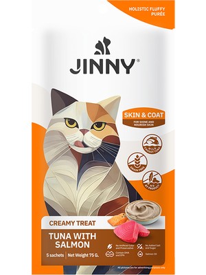 Jinny Creamy Kedi Ödülü 5X15 gr Somonlu ve Ton Balıklı Tüy Yapısını Destekleyen Tüm Yaş Grupları İçin