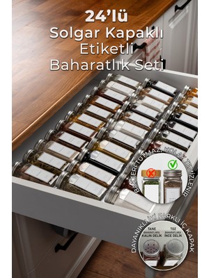 Mienda Home 24'lü Cam Baharatlık Seti Kapaklı Etiketli Baharatlık Takımı Mh00slvr24