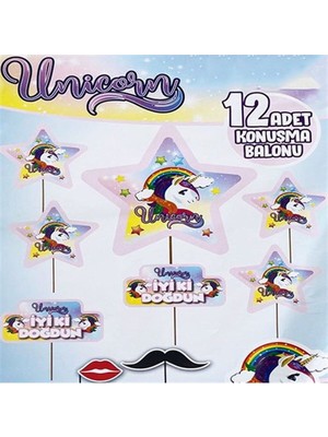 Teknotrust Renkli Unicorn Konuşma Balonları 12 Adet, Parti ve Dekorasyon Için Eğlenceli Seçenek