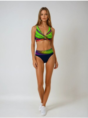 Kadın Lacivert Sarı Desenli Yüksel Bel Astarlı Bikini Takımı HZL25S-LC22315-5