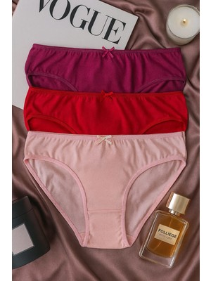Kadın 3'lü Pamuklu Külot Seti - Fuşya, Kırmızı, Pudra - Günlük Rahat Dikişsiz Slip