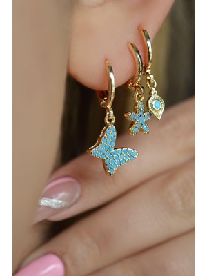 Sacce Scarves & Accessories Mavi Renkli Kelebek Detaylı Üçlü Küpe Seti