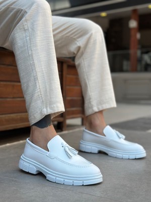 Pabucmarketi Püsküllü Erkek Casual Ayakkabı Beyaz (Beyaz Taban)