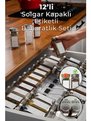 Mienda Home 12'li Cam Baharatlık Seti Kapaklı Etiketli Baharatlık Takımı MH00SLVR12