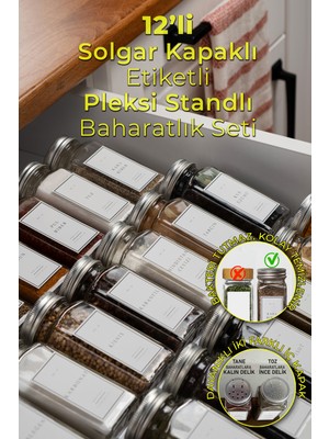 Mienda Home 12'li Cam Baharatlık Seti Şeffaf Pleksi Standlı Modern Mutfak Aksesuarı