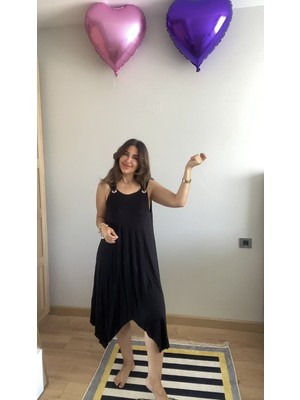 Gökyüzü Moda Kadın Askılı Yuvarlak Yaka Kuş Gözü Detaylı Asimetrik Viskon Elbise