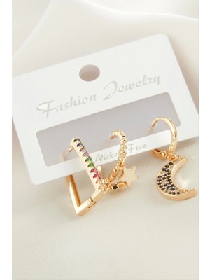 3 Adet Hilal Zirkon Taşlı Küpe