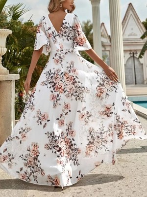 Merlavin Kadın Çiçek Desenli V Yaka Süprem Kumaş Elbise